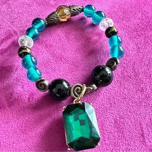 Handmade Beaded Bracelet Crystal Glass Charm Green Stretch Artisan 6-6.5 4348 P